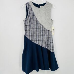 NEW Eliza J Size 6 Gray & Navy Blue Plaid Color Block Sleeveless Flare Dress
